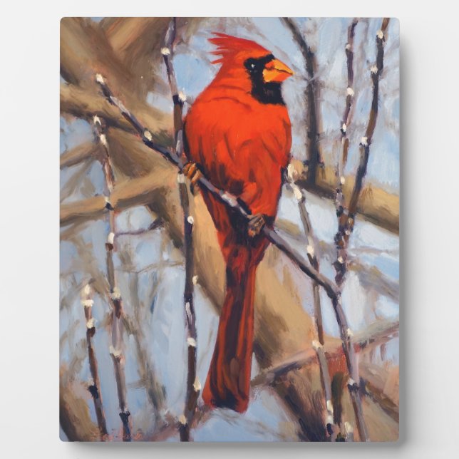 Plaque Photo Beau oiseau cardinal rouge dans l'arbre nu (Devant)