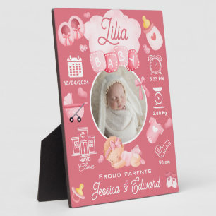 Plaque Photo Bébé mignon Fille Naissance Statistiques Rose Nouv