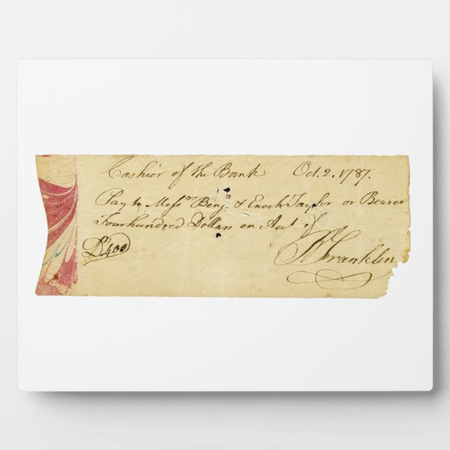 Plaque Photo Benjamin Franklin Signed Check 2 octobre 1787 (Devant)