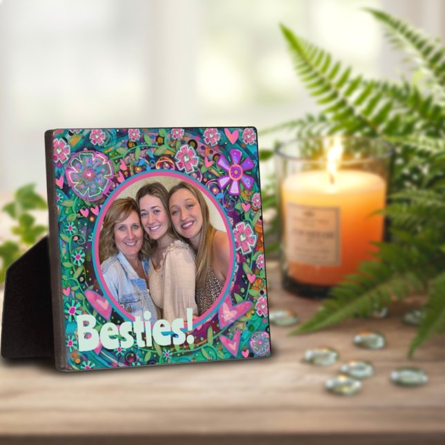 Plaque Photo Besties Joli rose Floral Photo Customisée (Créateur téléchargé)