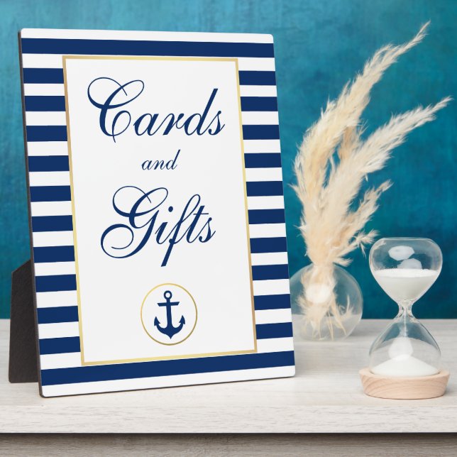 Plaque Photo Bleu Nautique Grilles Or Cartes de Mariage Cadeaux (Côté)