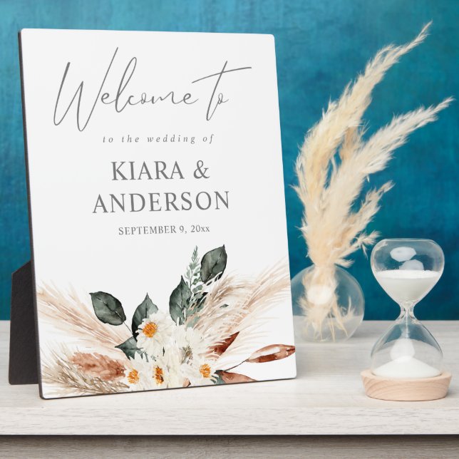 Plaque Photo Boho Pampas en cuivre & Beige Floral Welcome Plaqu (Côté)