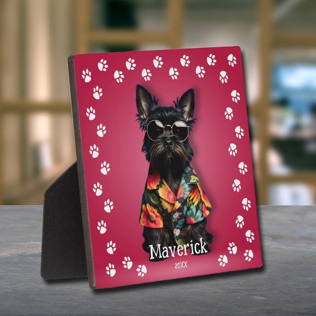 Plaque Photo Bordure Empreinte de Patte Schnauzer Adorable Anim (Cute Miniature Schnauzer pet easel-back plaque - CHANGE to your pet!)