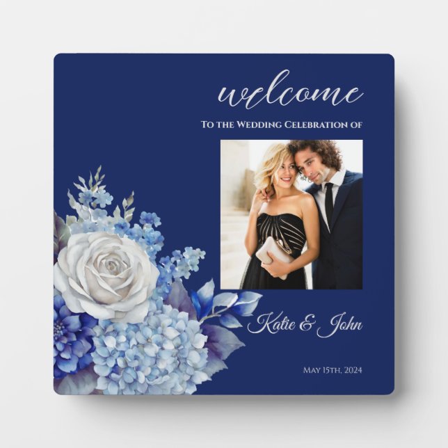 Plaque Photo Bouquet de fleurs bleu aquarelle-Mariage (Devant)