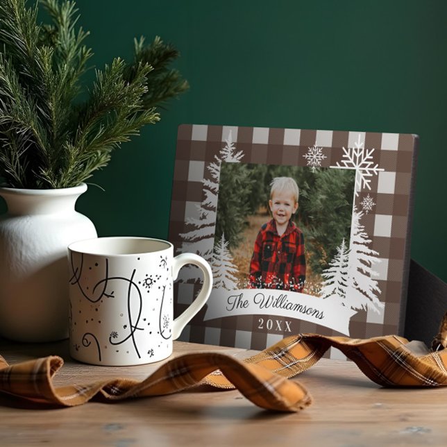 Plaque Photo Brown Buffalo Plaid Rustique Pine Tree Photo famil (Brown Buffalo Plaid Rustic Pine Tree Family Photo Plaque)