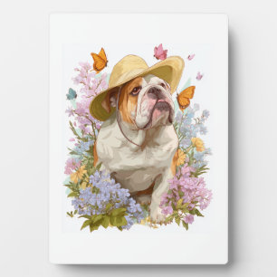 Plaque Photo Bulldog de jardin � Chien drôle floral