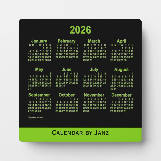 Plaque Photo Calendrier du bureau vert jaune néon 2026 par Janz (Devant)