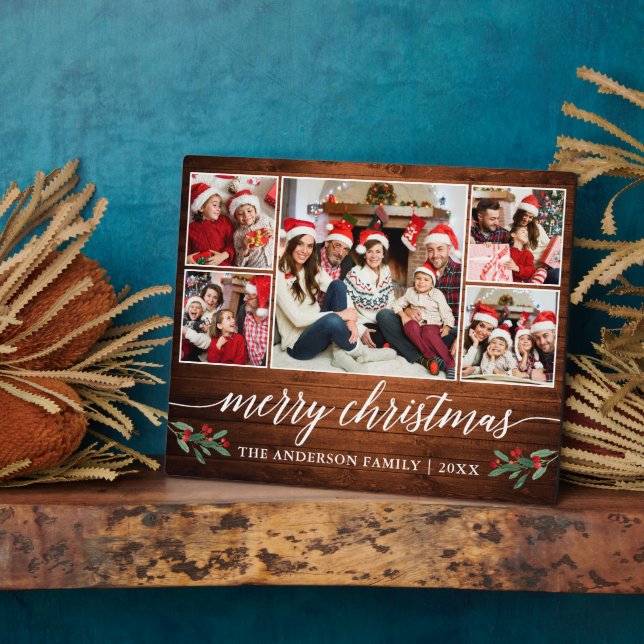 Plaque Photo Calligraphie Bois Imprimer 5 Photo Famille Noël (Côté)