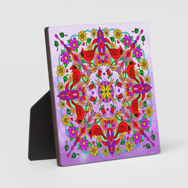 Plaque Photo Cardinal et fleurs Mandala (Recto)