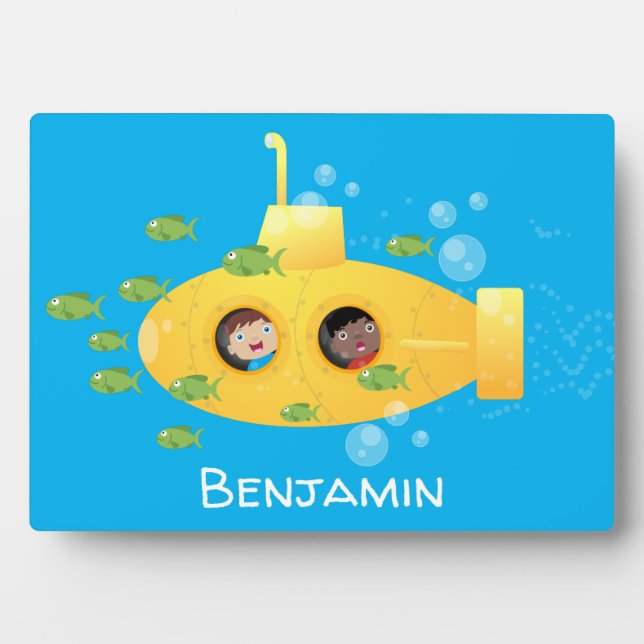 Plaque Photo Caricature de poisson sous-marin jaune mignon (Devant)