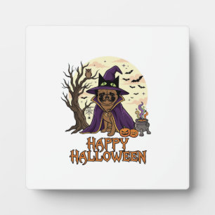 Plaque Photo Chapeau de sorcière Pug Halloween joyeux Chaudron
