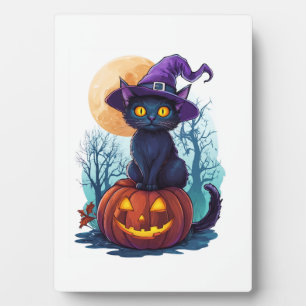 Plaque Photo Chat Sorcier sur une Citrouille
