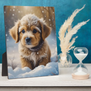 Plaque Photo Chiot de Noël dans la neige un jour d'hiver