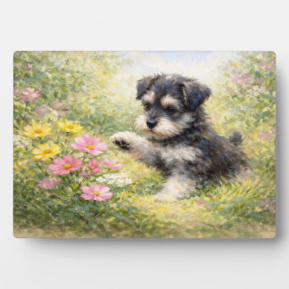 Plaque Photo Chiots Schnauzer Fleurs de printemps
