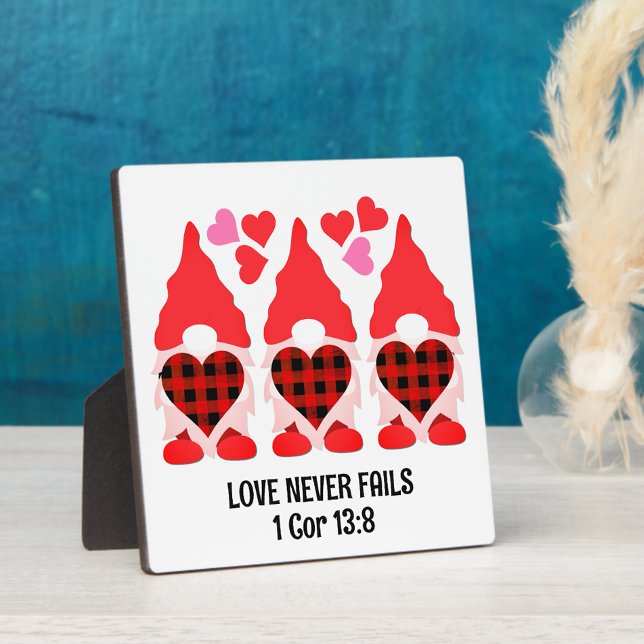 Plaque Photo Christian VALENTINE GNOMES L'amour n'échoue jamais (Valentine Gnomes with Christian Bible verse)