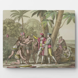Plaque Photo Christophe Colomb (1451-1506) avec Amérindiens