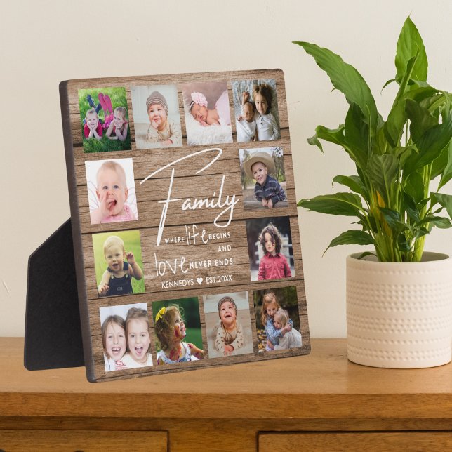 Plaque Photo Citation de la famille Rustic Wood 12 Photo Collag (Rustic Wood Family Quote 12 Photo Collage Plaque
)