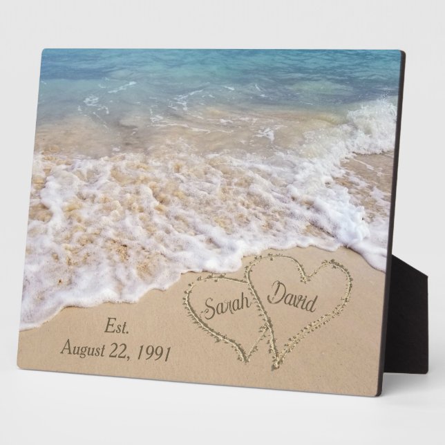 Plaque Photo Cœurs de plage d'anniversaire avec des noms (Côté)