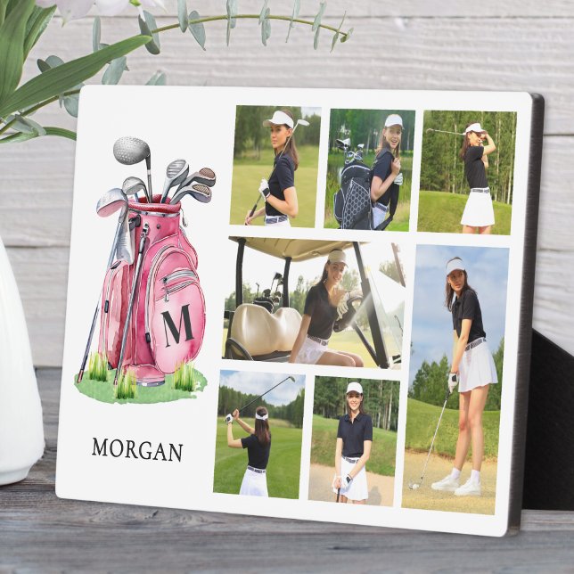 Plaque Photo Collage photo de golf rose monogramme (Monogram Pink Golf Photo Collage plaque)