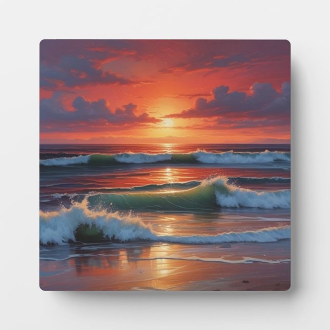 Plaque Photo Coucher Rouge Océan Peinture de paysage marin (Devant)