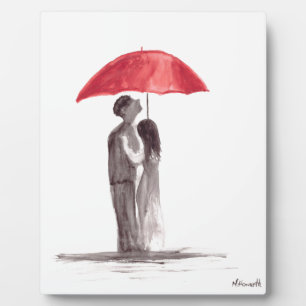 Plaque Photo Couple au parapluie rouge