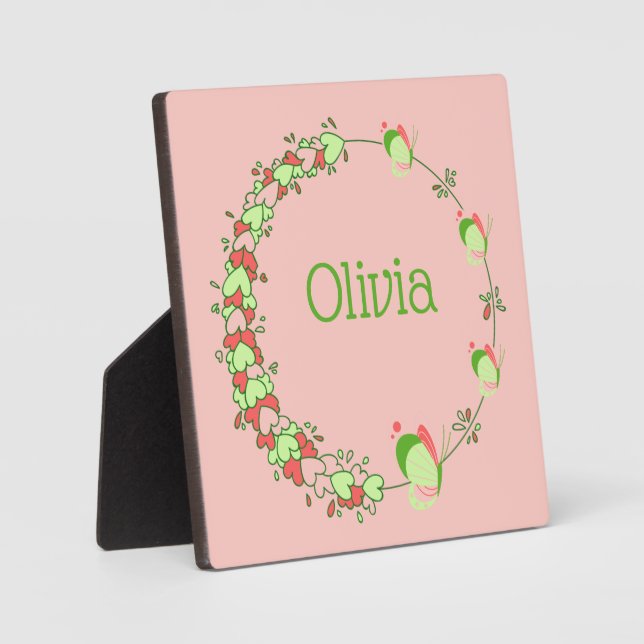 Plaque Photo Couronne de coeurs roses et verts & papillon pour  (Recto)