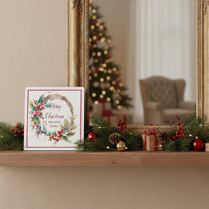 Plaque Photo Couronne de houx à l'aquarelle Noël personnalisé