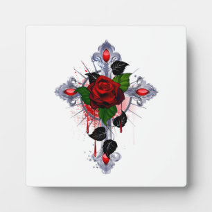 Plaque Photo Croix d'argent avec une rose rouge