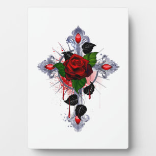 Plaque Photo Croix d'argent avec une rose rouge