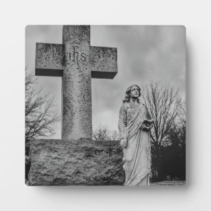 Plaque Photo Crucifix et ange en noir et blanc