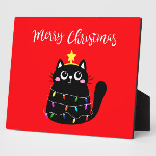 Plaque Photo Cute cartoon black cat Christmas tree