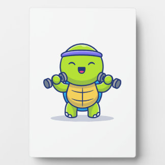 Plaque Photo Cute Turtle Lifting Dumbbells Cartoon Illustration