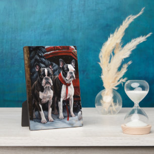 Plaque Photo Décor de Noël de Boston Terrier Snowy Sleigh