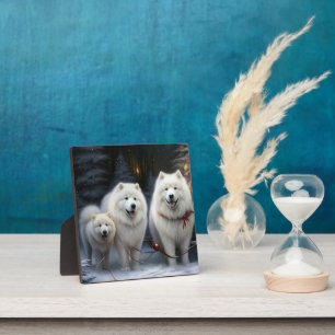 Plaque Photo Décor de Noël Samoyed Snowy Sleigh