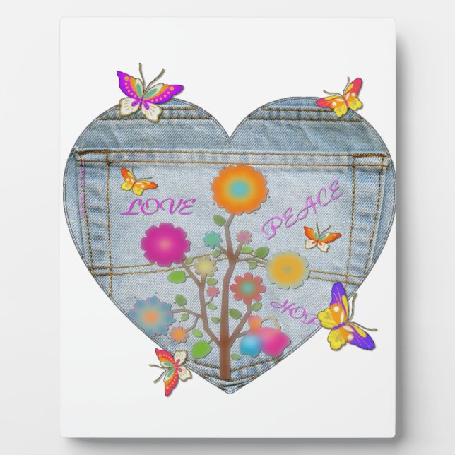 Plaque Photo Denim Pocket Fleurs cardiaques Papillons (Devant)