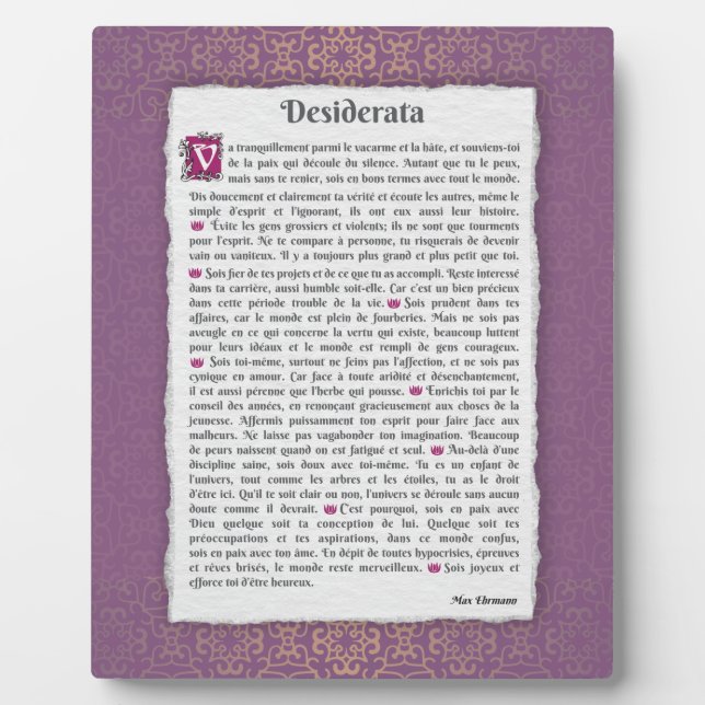 Plaque Photo Desiderata - Choses désirées - poème (Devant)