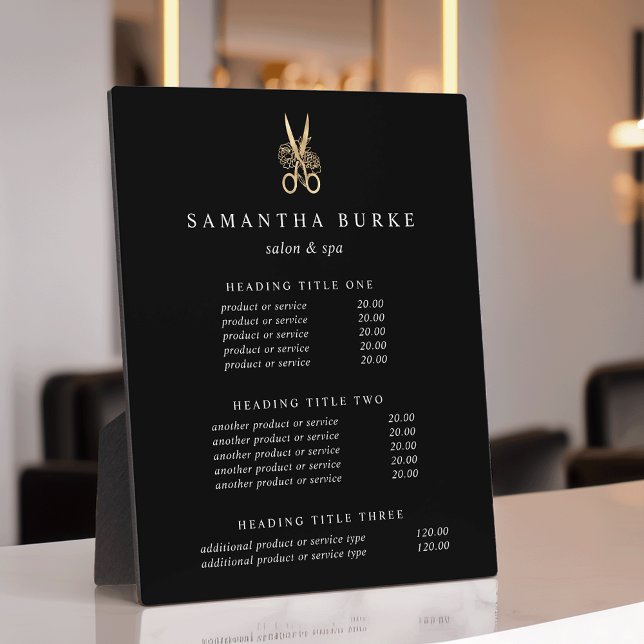 Plaque Photo Écran de prix/services du salon de ciseaux d'or (Créateur téléchargé)