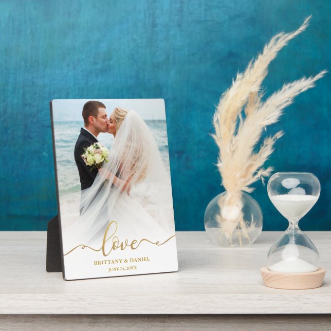 Plaque Photo Elégant Gold Script Love Mariage Photo (Côté)