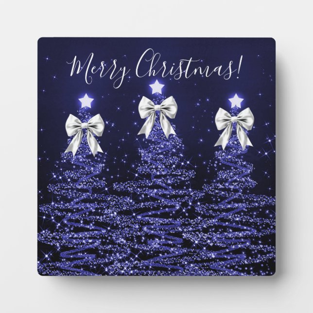 Plaque Photo Elegant Holiday Navy Christmas Trees Silver Bows (Devant)