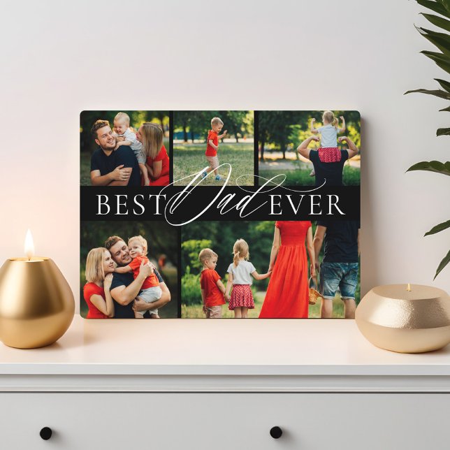 Plaque Photo Élégant Meilleur Papa Jamais Cinq Photo Collage No (Elegant Best Dad Ever Five Photo Collage Black Plaque)