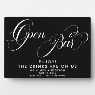 Plaque Photo Élégant Script Mariage Open Bar Drink Menu Black