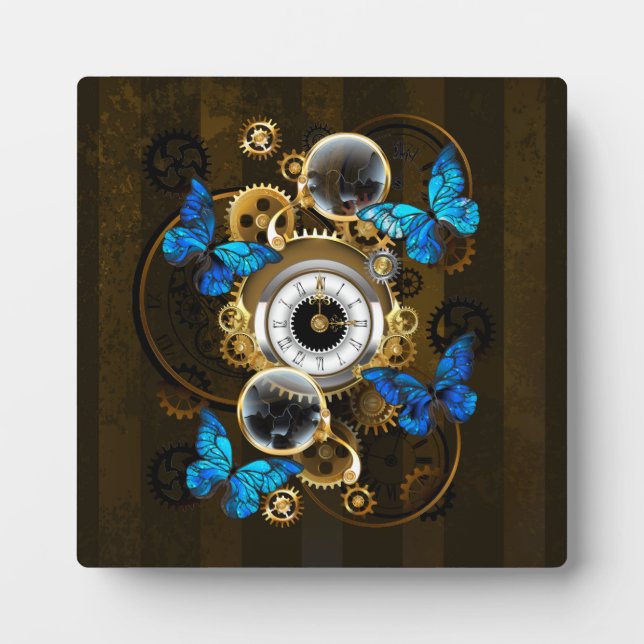 Plaque Photo Engrenages à vapeur et papillons bleus (Devant)