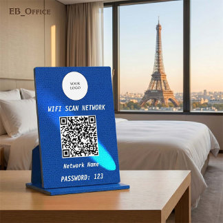 Plaque Photo Enseigne WiFi Code QR Cyan Cuir Bleu Royal