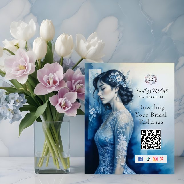 Plaque Photo Exquisite Beautiful Bride In Blue Bridal Business (Exquisite Beautiful Bride In Blue For Bridal Business Plaque with QR Code and Network Icons.)