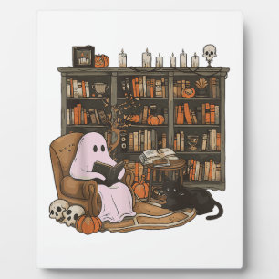 Plaque Photo Fantôme lisant un livre amateur de chat Halloween 
