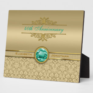Plaque Photo Faux Emerald Gemstone Metally Shiny Gold Damask