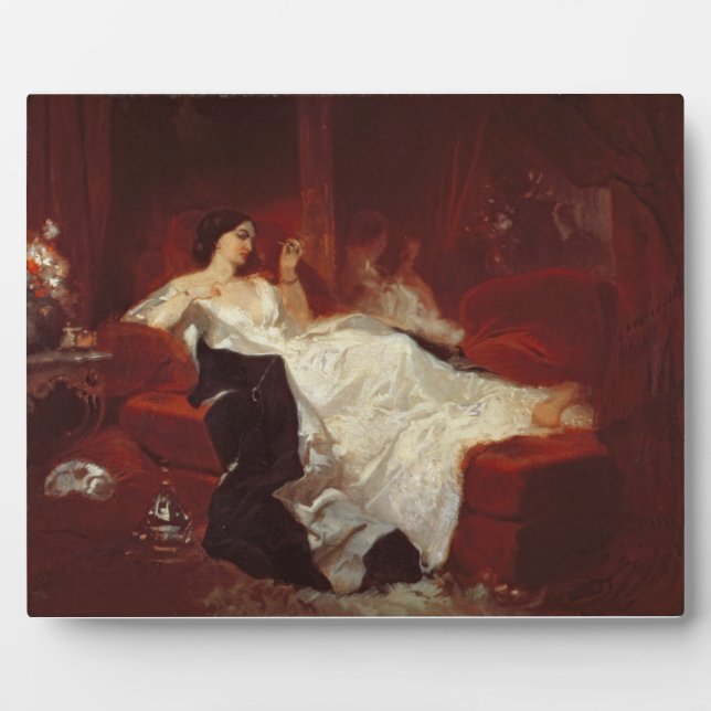 Plaque Photo Femme sur un canapé rouge (Devant)