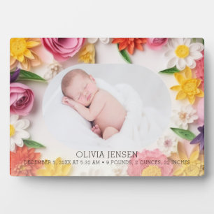 Plaque Photo Fille Nouveau-Né Fleurs Aquarelle Ros
