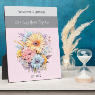 Plaque Photo Fleurs de 25e anniversaire argentées noms rose