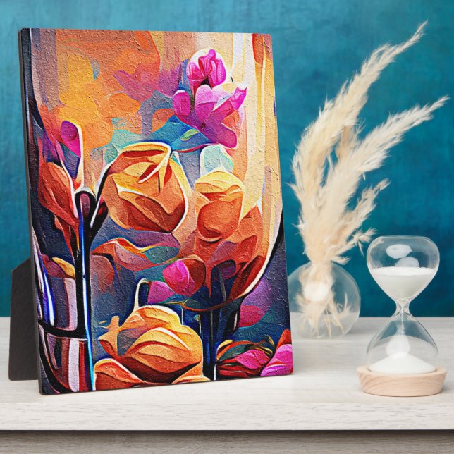 Plaque Photo Floral Abstract Art Orange Red Blue Flowers (Côté)